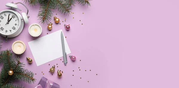 Blank Paper Sheet Pen Christmas Decor Alarm Clock Lilac Background — Stock Photo, Image