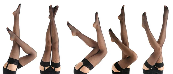 Set Beautiful Female Legs Black Stockings Isolated White — Stock Photo, Image