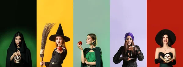 Коллаж Молодыми Ведьмами Красочном Фоне — стоковое фото