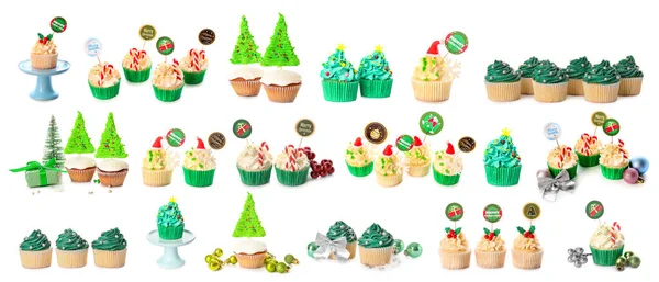 Set Many Tasty Christmas Cupcakes Isolated White — Stock Photo, Image