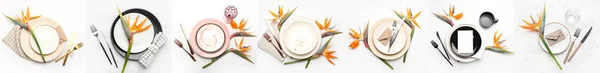 Verschiedene Tischdekorationen Mit Exotischen Strelitzia Blumen Auf Hellem Hintergrund Draufsicht — Stockfoto