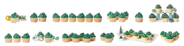 Conjunto Muchos Sabrosos Cupcakes Navidad Aislados Blanco — Foto de Stock