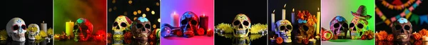 Kollázs Festett Koponyákkal Mexikó Holtak Napjára Dia Muertos Virágok Gyertyák — Stock Fotó