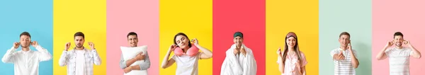 Grupp Människor Med Öronproppar Färg Bakgrund — Stockfoto