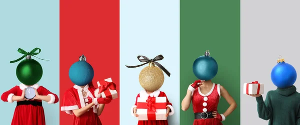 頭の代わりにクリスマスボールを持つ女の子のコラージュや色の背景に贈り物 — ストック写真