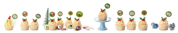 Set Molti Gustosi Cupcake Natale Isolati Bianco — Foto Stock