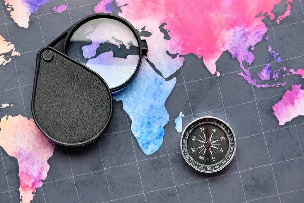 Magnifier Compass World Map — Stock Photo, Image