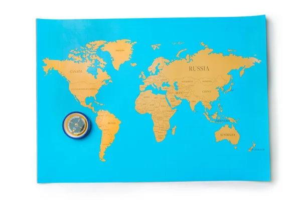 Bússola Mapa Mundo Isolados Sobre Fundo Branco — Fotografia de Stock