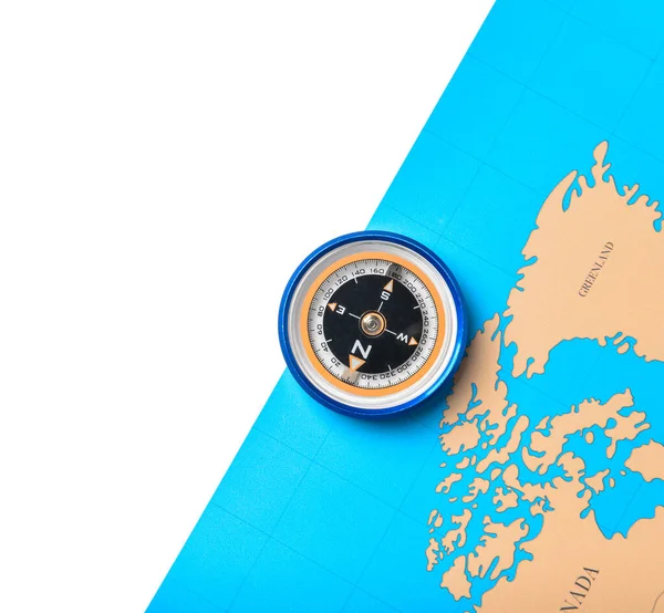 Kompas Wereldkaart Witte Achtergrond Close — Stockfoto