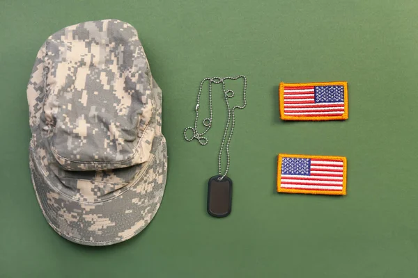 Military cap, tag and chevrons of USA army on green background