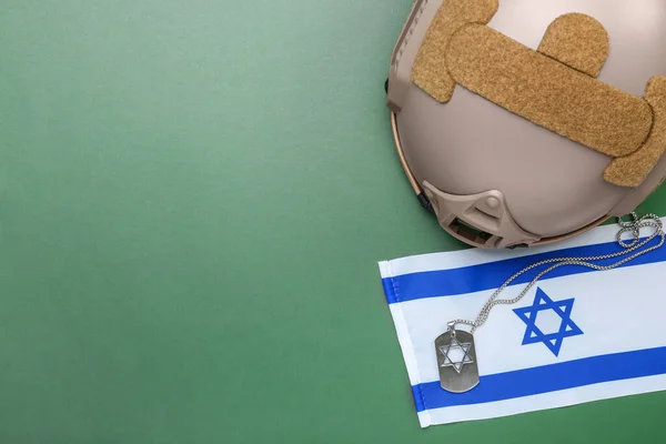 Bandera Nacional Israel Etiqueta Militar Casco Sobre Fondo Verde — Foto de Stock