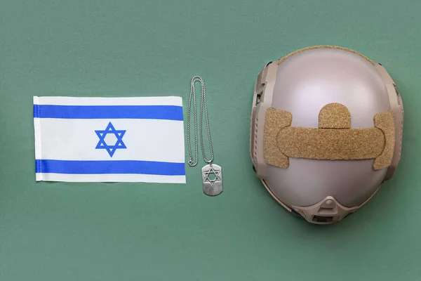 Katonai Címke Sisak Izrael Nemzeti Zászló Zöld Alapon — Stock Fotó