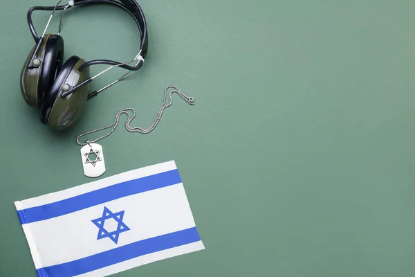 Military Tag Headphones National Flag Israel Green Background — Stock Photo, Image