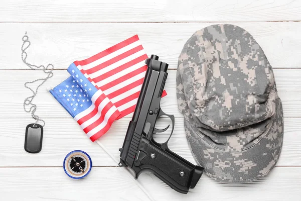 National Flag Usa Military Cap Gun Compass Tag White Wood — стокове фото