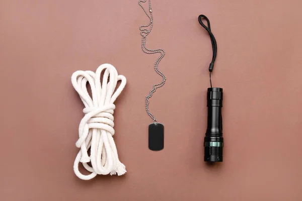 Military Tag Flashlight Rope Color Background — Stock Photo, Image