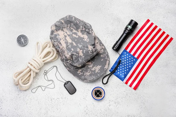 Katonai Sapka Iránytű Címke Zseblámpa Kötél Nemzeti Zászló Usa Világos — Stock Fotó