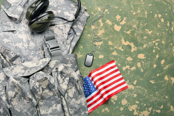 Military Uniform Headphones Tag National Flag Usa Color Background — Stock Photo, Image