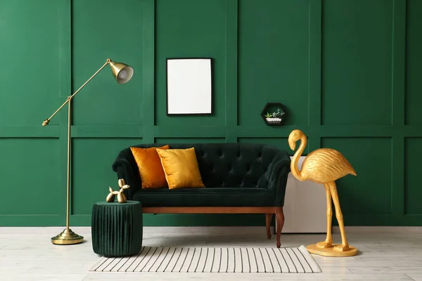 Interior Room Golden Flamingo Sofa Blank Photo Frame Green Wall — Stock Photo, Image