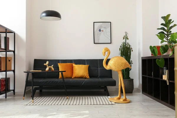 Interior Room Comfortable Sofa Golden Flamingo Light Wall — Stock Photo, Image