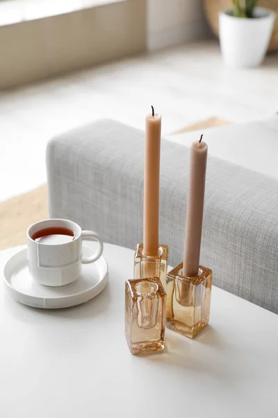 Candles Cup Tea White Table Closeup — Stock Photo, Image