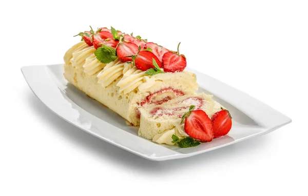 Plate Delicious Strawberry Roll Cake Isolated White Background — Stok fotoğraf