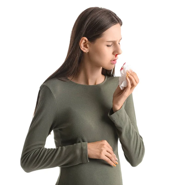 Young Pregnant Woman Nosebleed Tissue White Background — Stock Photo, Image