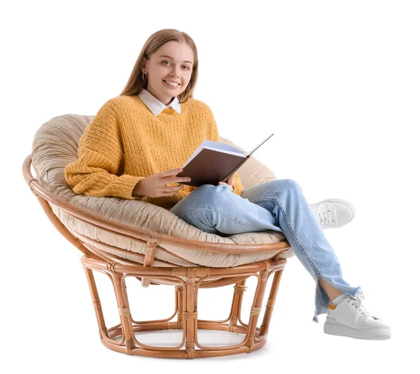 Jovem Com Livro Sentado Poltrona Fundo Branco — Fotografia de Stock