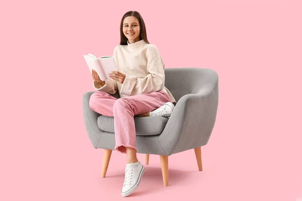 Beautiful Woman Book Sitting Armchair Pink Background — Stock Photo, Image