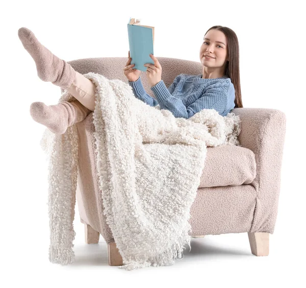 Young Woman Plaid Reading Book Cozy Armchair White Background — Stock Photo, Image