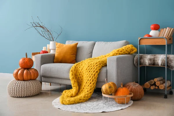 Interior Cozy Living Room Pumpkins Sofa Pouf — Stock Photo, Image