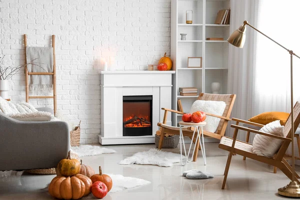 Interior Cozy Living Room Pumpkins Fireplace Armchairs — Stock Photo, Image