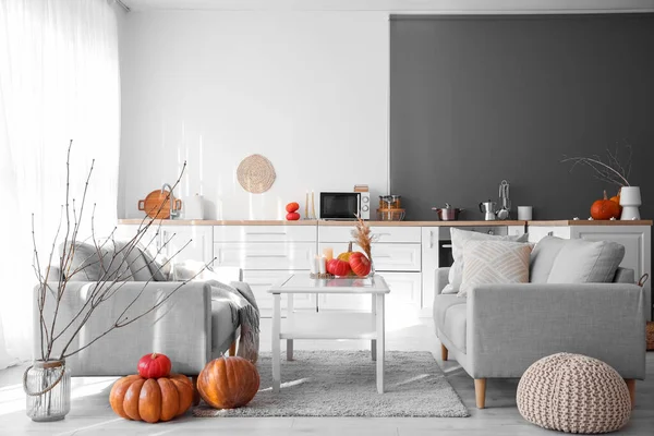 Interior Light Kitchen Pumpkins Sofas Table — Stock Photo, Image