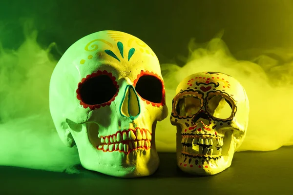 Painted Skulls Mexico Day Dead Dia Muertos Smoke Dark Background — Stock Photo, Image