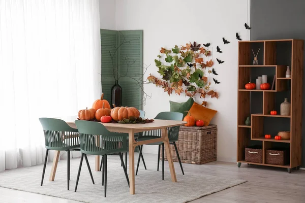 Interior Modern Kitchen Fresh Pumpkins Dining Table Shelving Unit — Stock Photo, Image