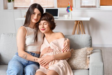 Genç hamile bir kadın ve karısı evdeki kanepede sarılıyorlar.