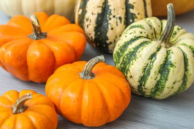 Farklı Cadılar Bayramı balkabakları açık ahşap masada, yakın plan