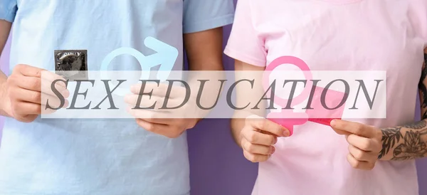 Couple Condoms Symbols Woman Man Sex Education — Stock Photo, Image