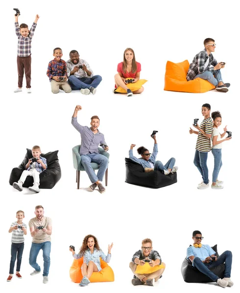 Set People Playing Video Games Isolated White — Stock Photo, Image