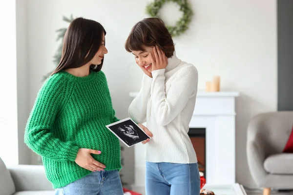 Young Pregnant Woman Sonogram Image Her Wife Home — Stock Photo, Image