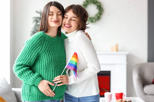 Young Woman Lgbt Flag Her Pregnant Wife Home — Stock Photo, Image