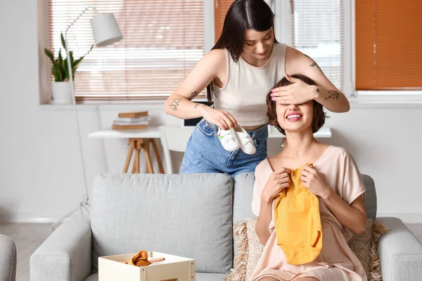 Young Woman Baby Booties Closing Her Pregnant Wife Eyes Home — Stock Photo, Image