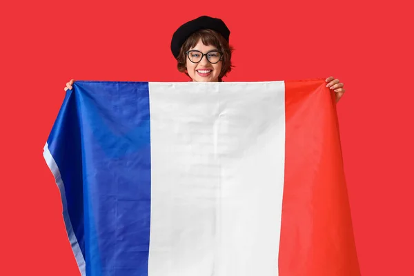 Jeune Femme Avec Drapeau France Sur Fond Rouge — Photo