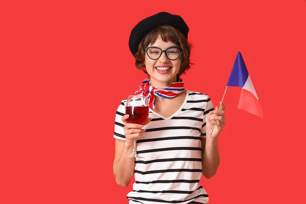 Mujer Joven Con Bandera Francia Vino Sobre Fondo Rojo —  Fotos de Stock