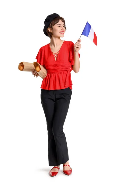 Mujer Joven Con Bandera Francia Baguettes Sobre Fondo Blanco —  Fotos de Stock