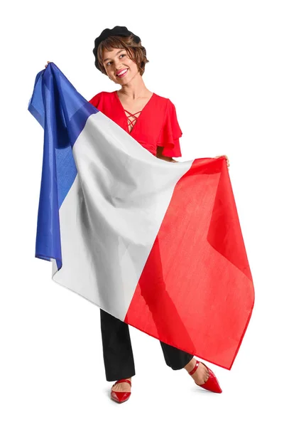 Mujer Joven Con Bandera Francia Sobre Fondo Blanco —  Fotos de Stock