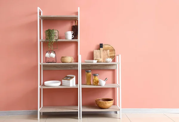 Shelving Units Food Houseplant Kitchen Utensils Pink Wall — Stock Photo, Image