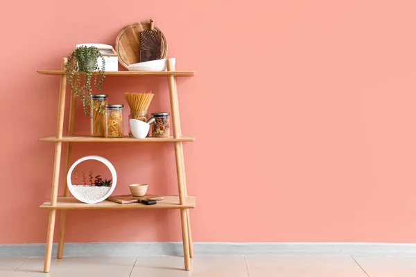 Shelving Unit Food Houseplant Kitchen Utensils Pink Wall — Stock Photo, Image