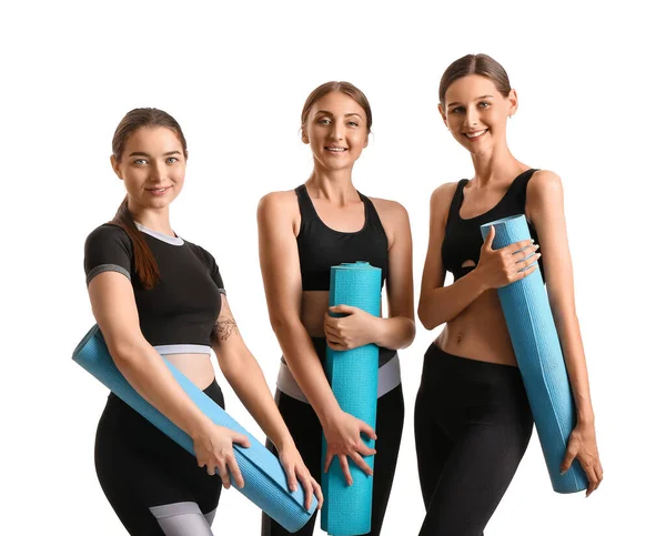 Sportliche Junge Frauen Mit Yogamatten Auf Weißem Hintergrund — Stockfoto