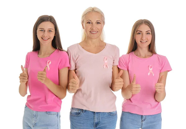 Hermosas Mujeres Con Cintas Conciencia Rosa Que Muestran Pulgares Hacia — Foto de Stock