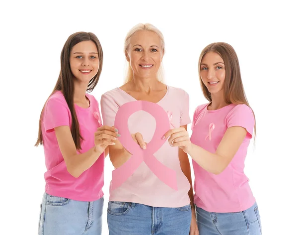 Hermosas Mujeres Con Cintas Conciencia Rosa Sobre Fondo Blanco Concepto — Foto de Stock